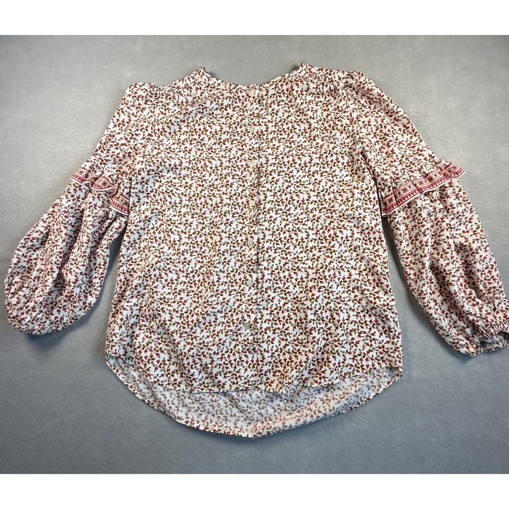 Max Studio Floral Button Down Blouse Ruffle Balloon Sleeve Red Tan Top